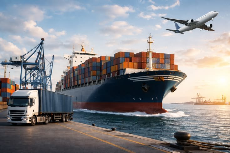 Cargo ship, truck and aircraft at a busy port